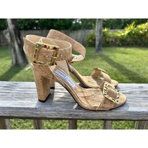Jimmy Choo Dacha 85 Cork High Heeled Sandals Jeweled Pumps Shoes Ladies 37.5 US